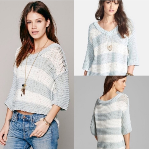 Free People Park Slope Mint & Ivory Striped Oversized Slouchy Hi-Low Sweater, XS - Picture 7 of 16